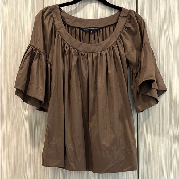 NEW French Connection | Bell Sleeve Peasant Blouse 100% Cotton | Cocoa | Size 6 - Picture 1 of 10